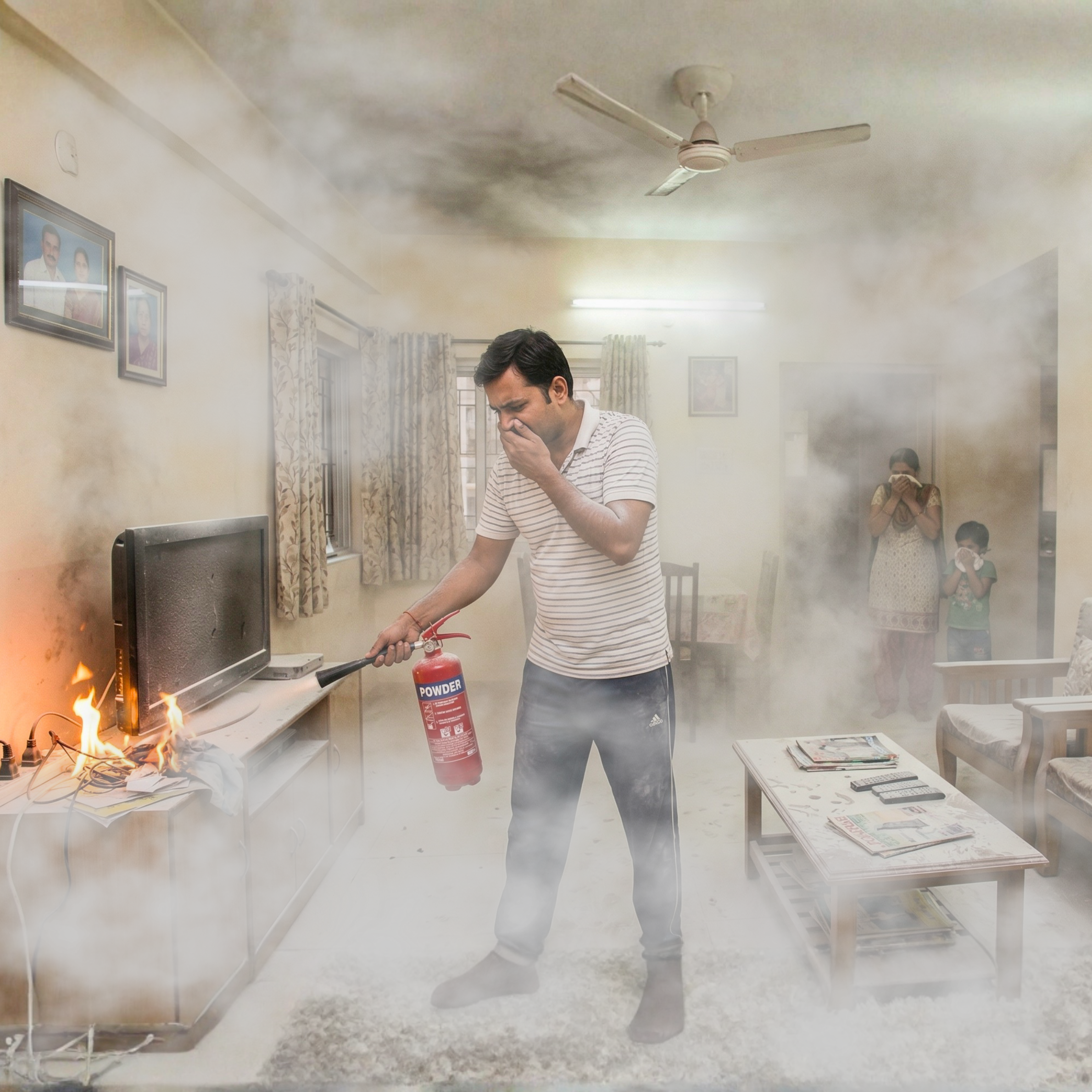 Powder extinguisher creates damage and suffocation